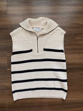 John and Jenn Cream and Black Striped Knit Zip-Neck Vest